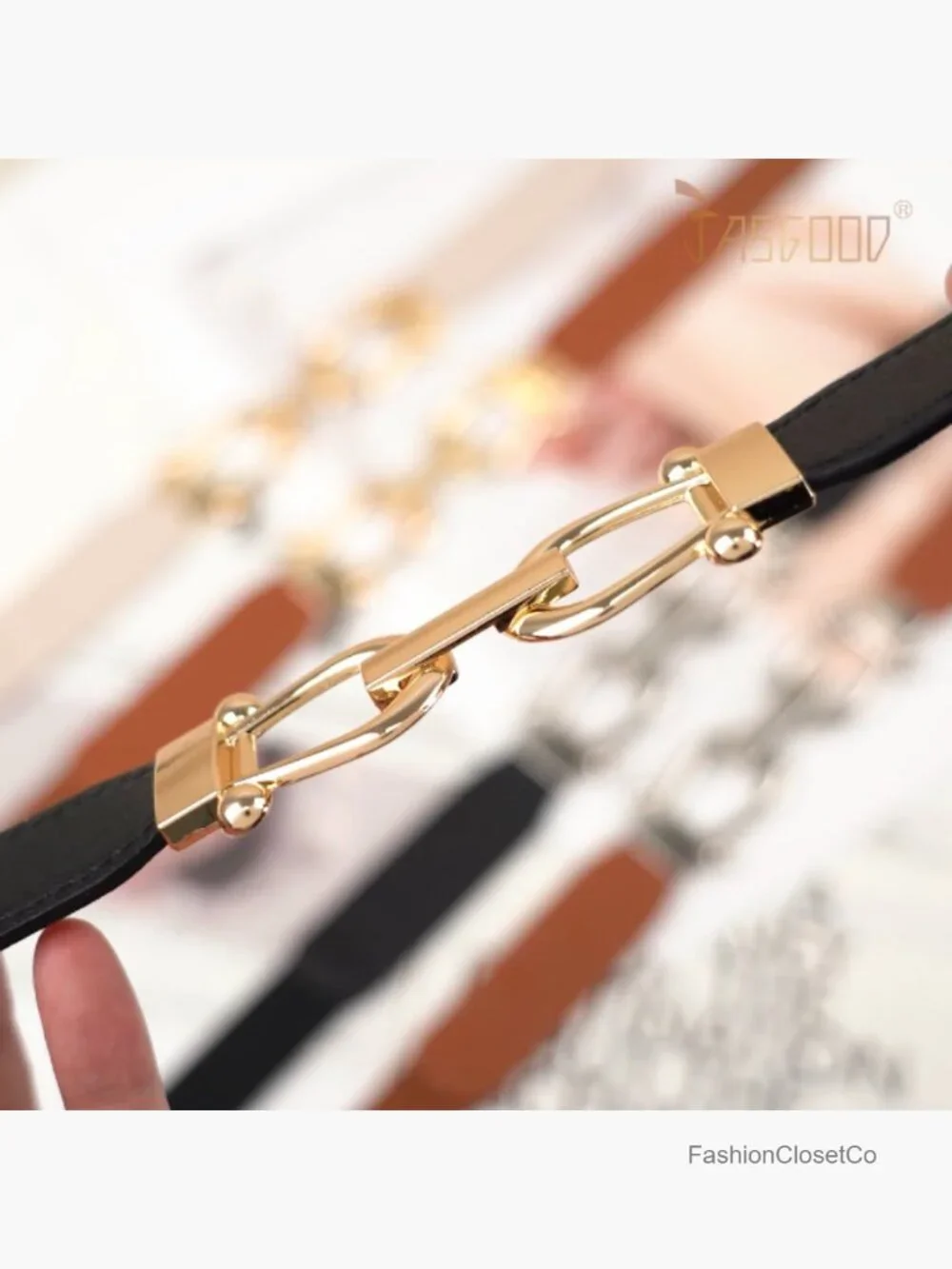 Women Stretch Waist Belt with Gold Buckle - Thin Elastic Dress Belt